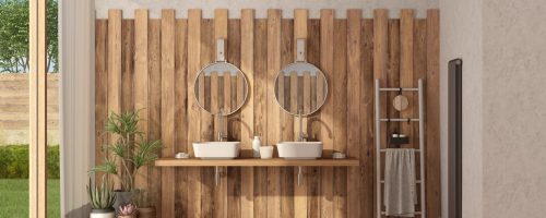 Wooden modern bathroom of a modern villa with double wahbasin - 3d rendering